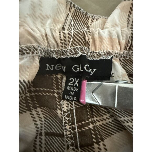 New Glory Off The Shoulder Crop Front Tie Knot Button Brown Peach Plaid WM 2X - Picture 3 of 16